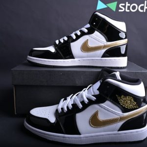 Jordan 1 Mid Patent Black White Gold 852542-007