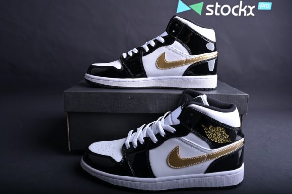 Jordan 1 Mid Patent Black White Gold 852542-007