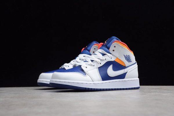 Jordan 1 Mid White Laser Orange Deep Royal Blue (GS) 554725-131 - Image 4